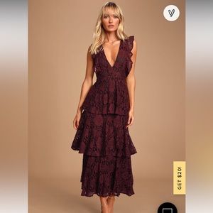 Molinetto Burgundy Lace Ruffled Tiered Sleeveless Maxi Dress size Small